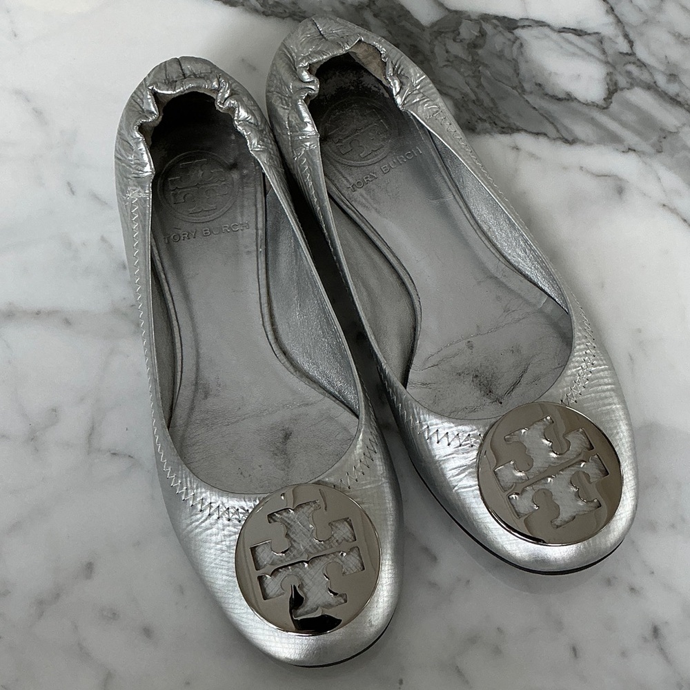 Tory Burch Silver Logo Flats